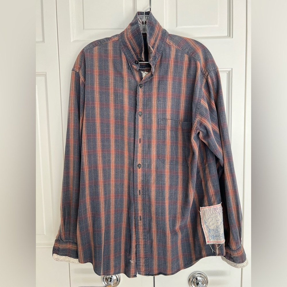 Vintage Reworked Plaid Button Down Shirt with Crochet Lace & Patchwork